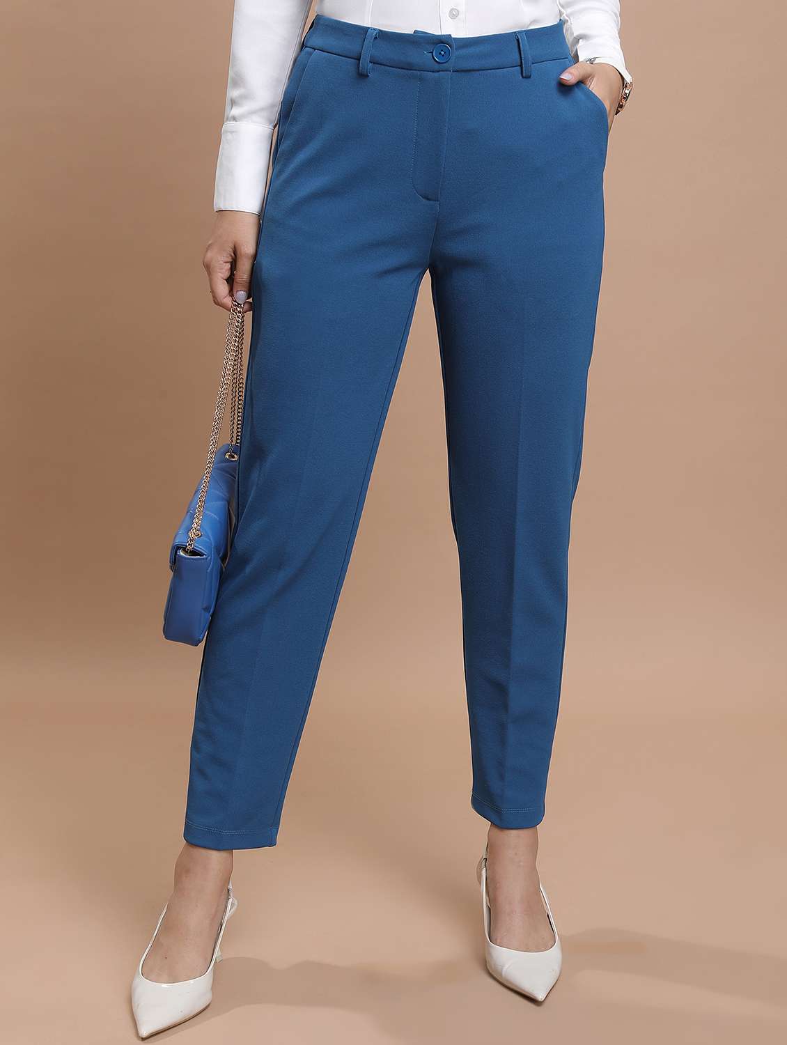 women blue solid tailored pant