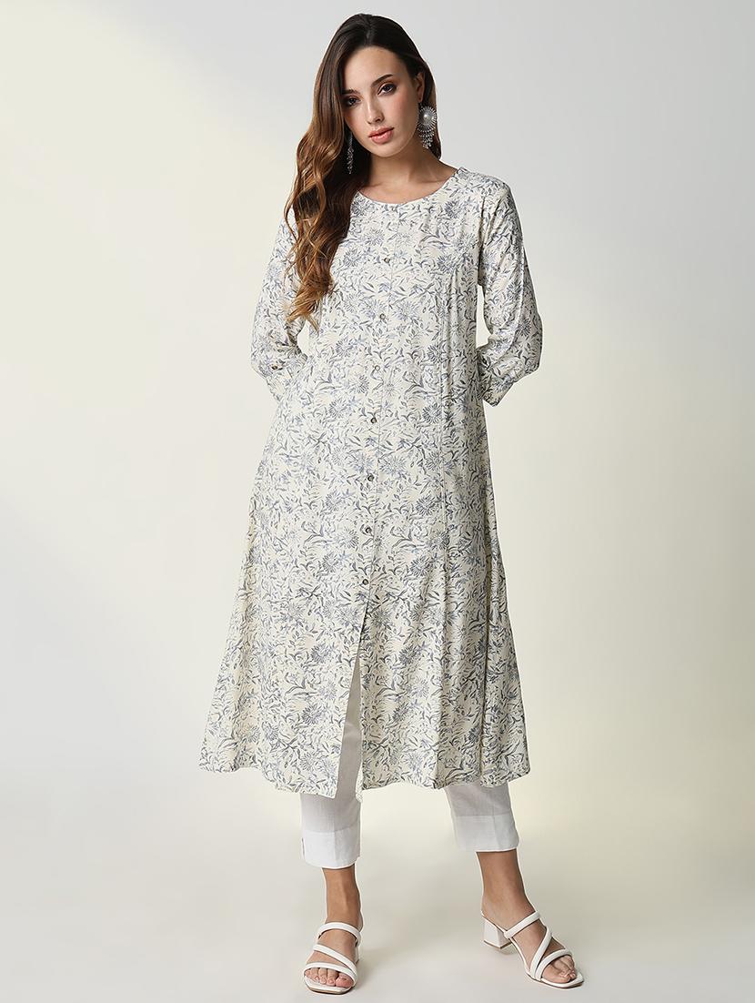 women cream floral printed three quarter sleeve a-line kurta