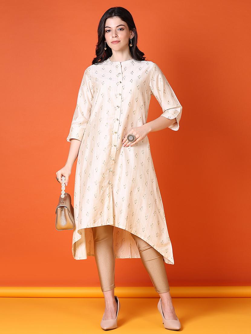 women printed three quarter sleeve high-low kurta
