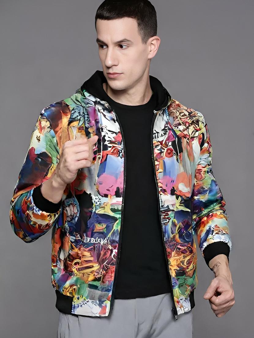men printed long sleeve casual jacket