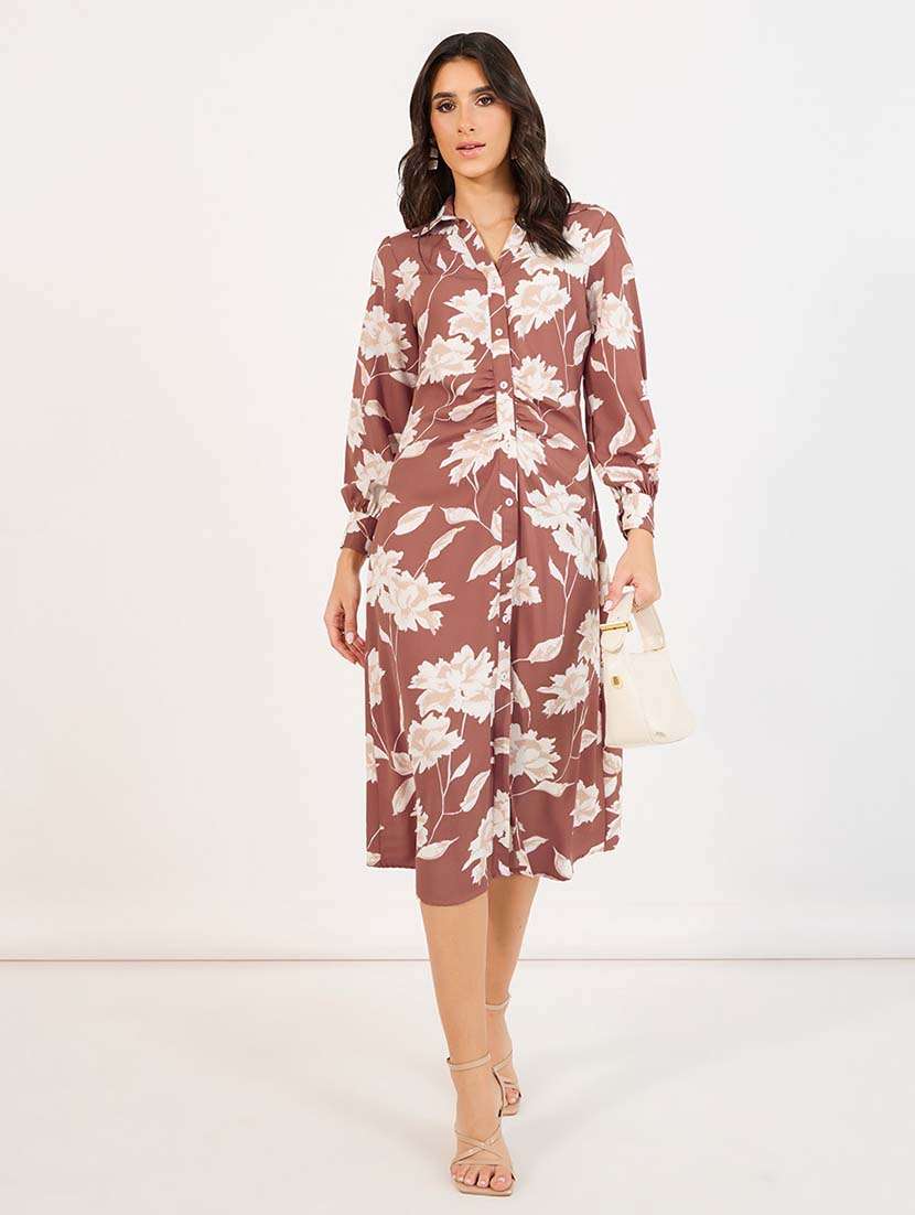women brown floral collared neck a-line dress