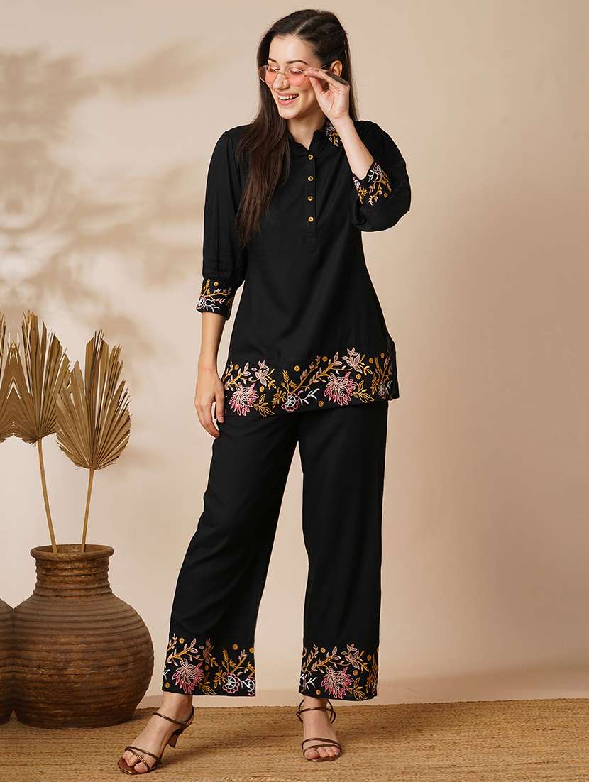 globus women black floral embroidered shirt collar top & ankle length pants fusion co-ord set