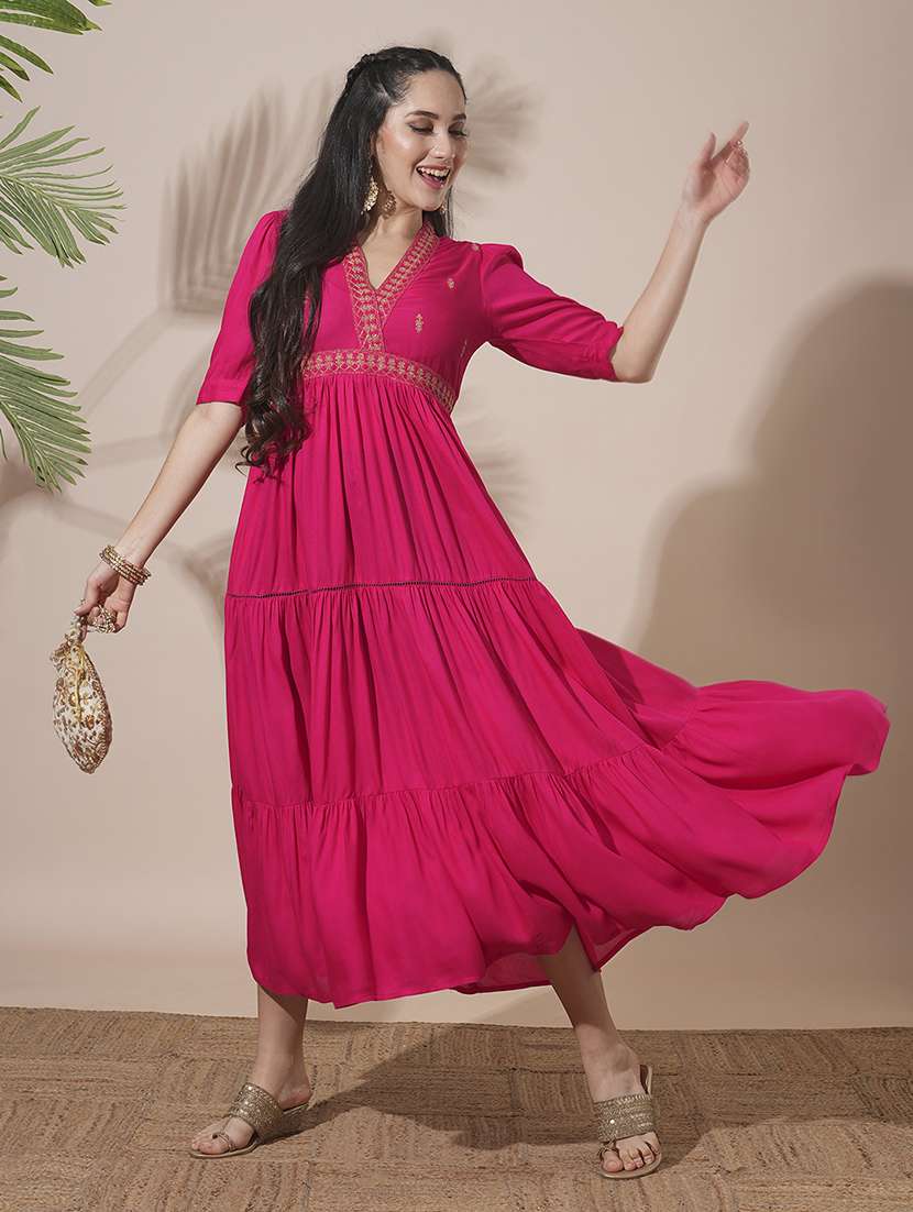 globus women pink embroidered v-neck puff sleeves gathered & tiered a-line midi festive dress