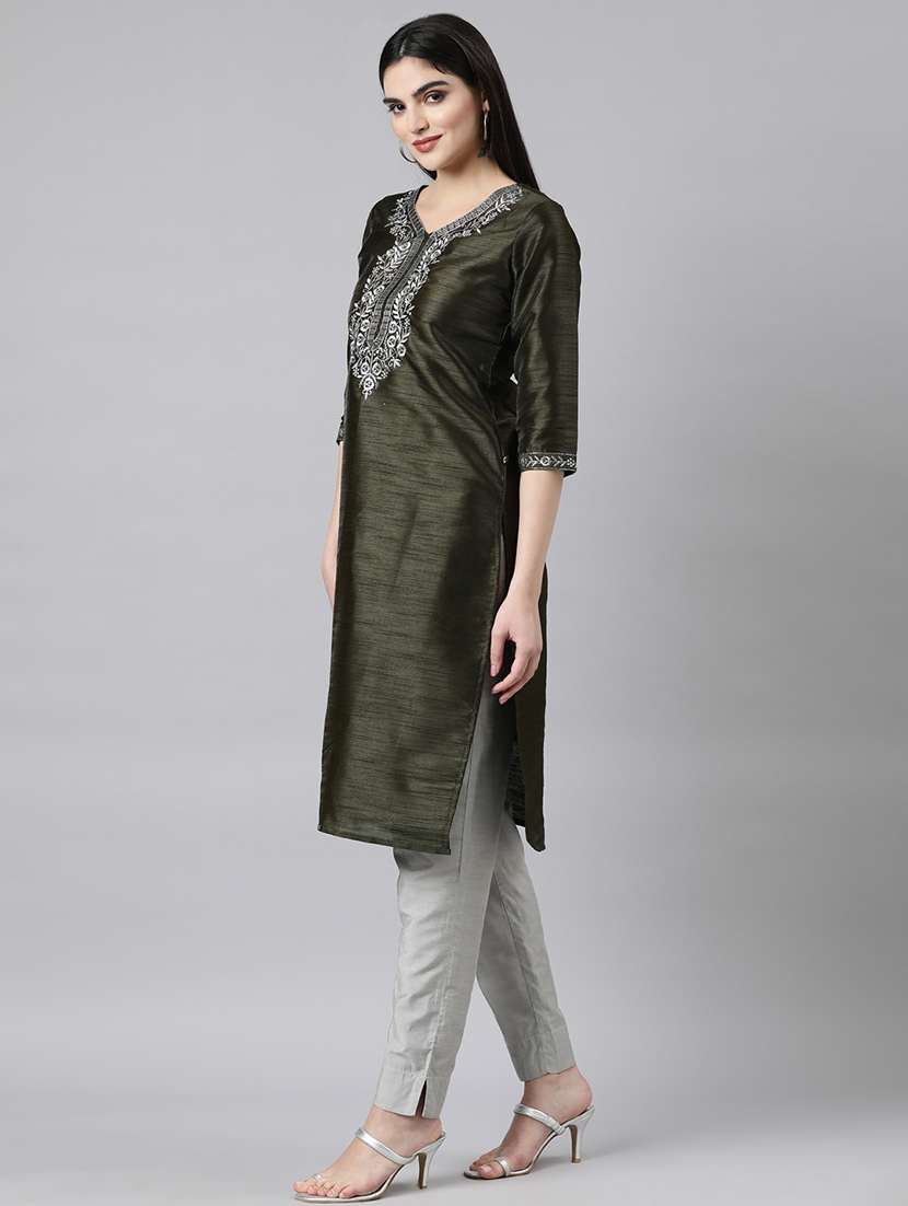 women embroidered three quarter sleeve straight kurta