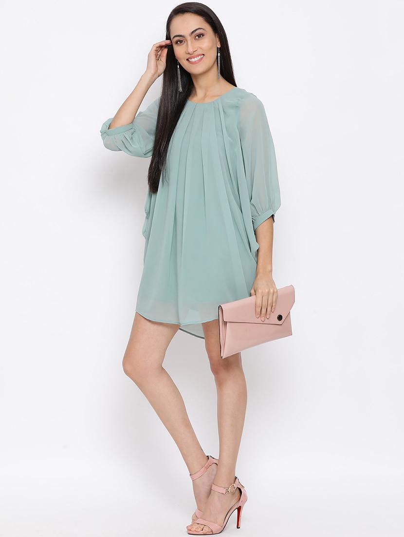 women solid round neck high low dress