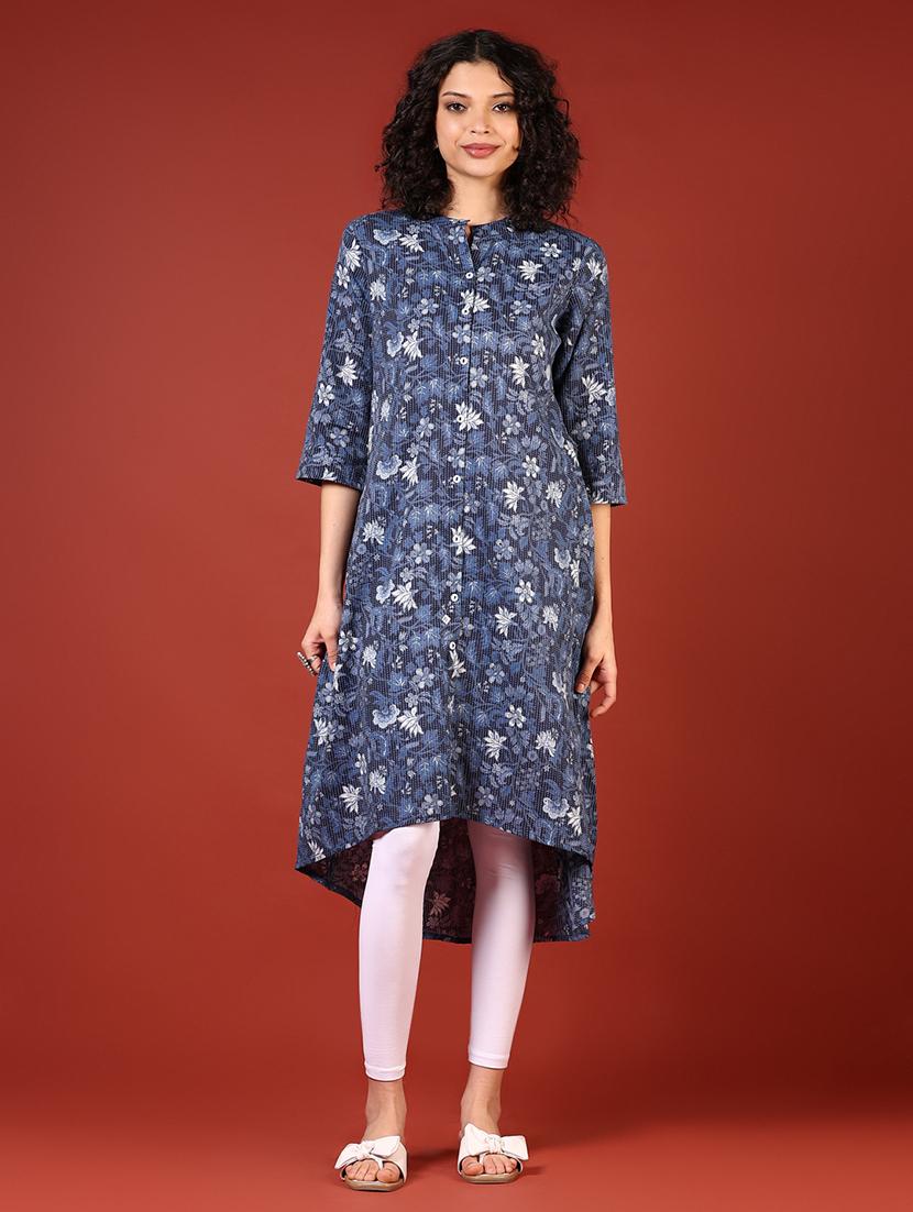 women printed mandarin neck high low kurta