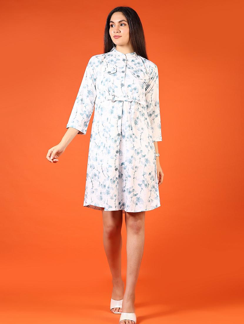 women white printed three quarter sleeve a-line dress