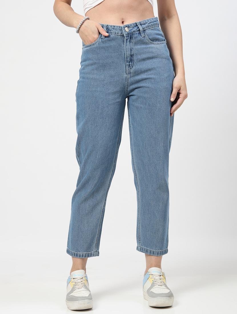 women mid rise straight fit plain jeans