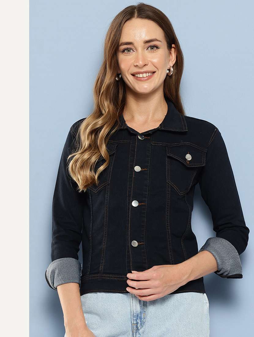 women long sleeves solid denim jacket