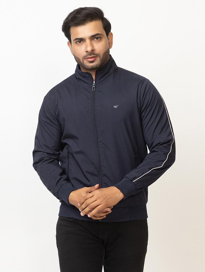 men navy blue polyester casual jacket