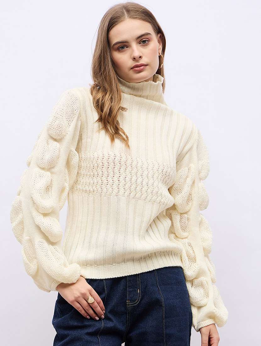 women cream self design long sleeve pullover