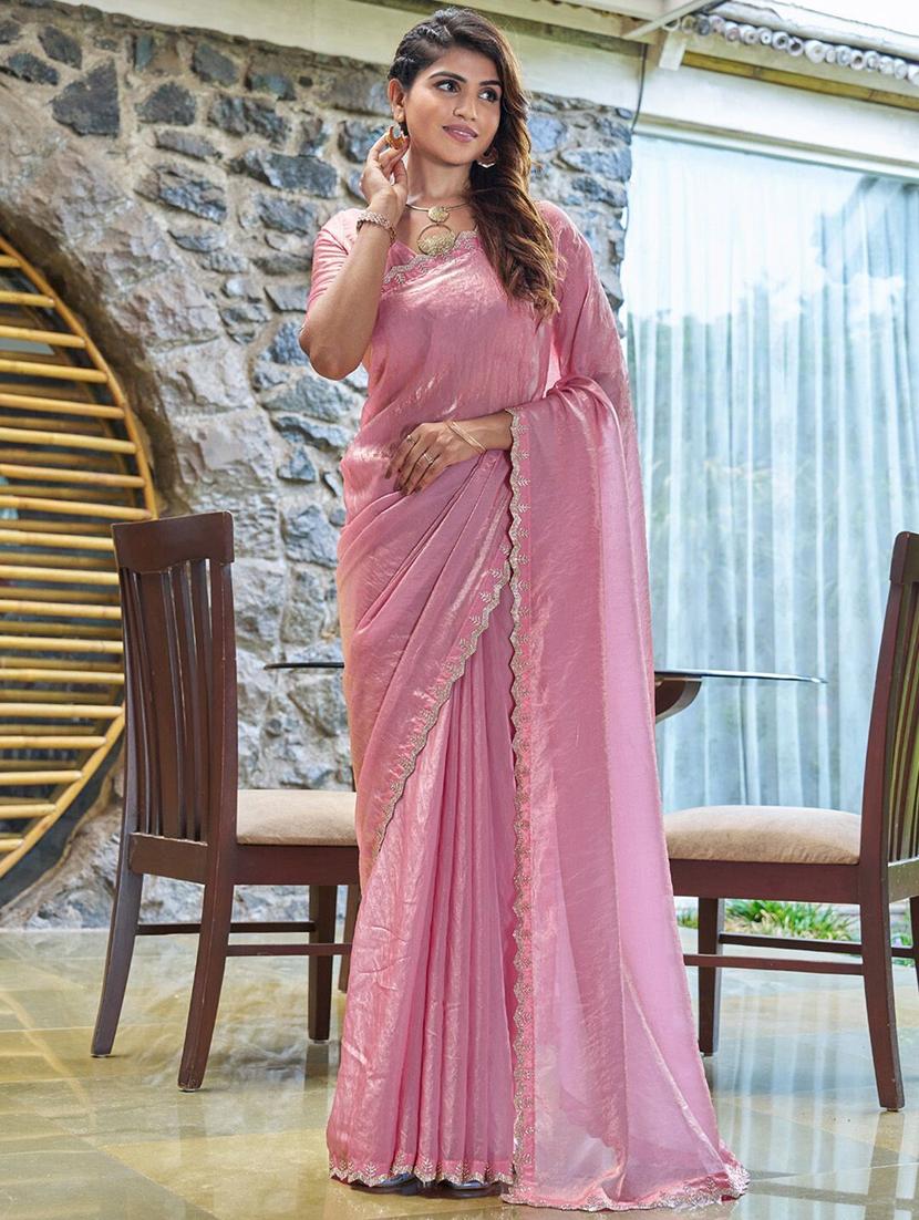 women pink embellished saree with blouse