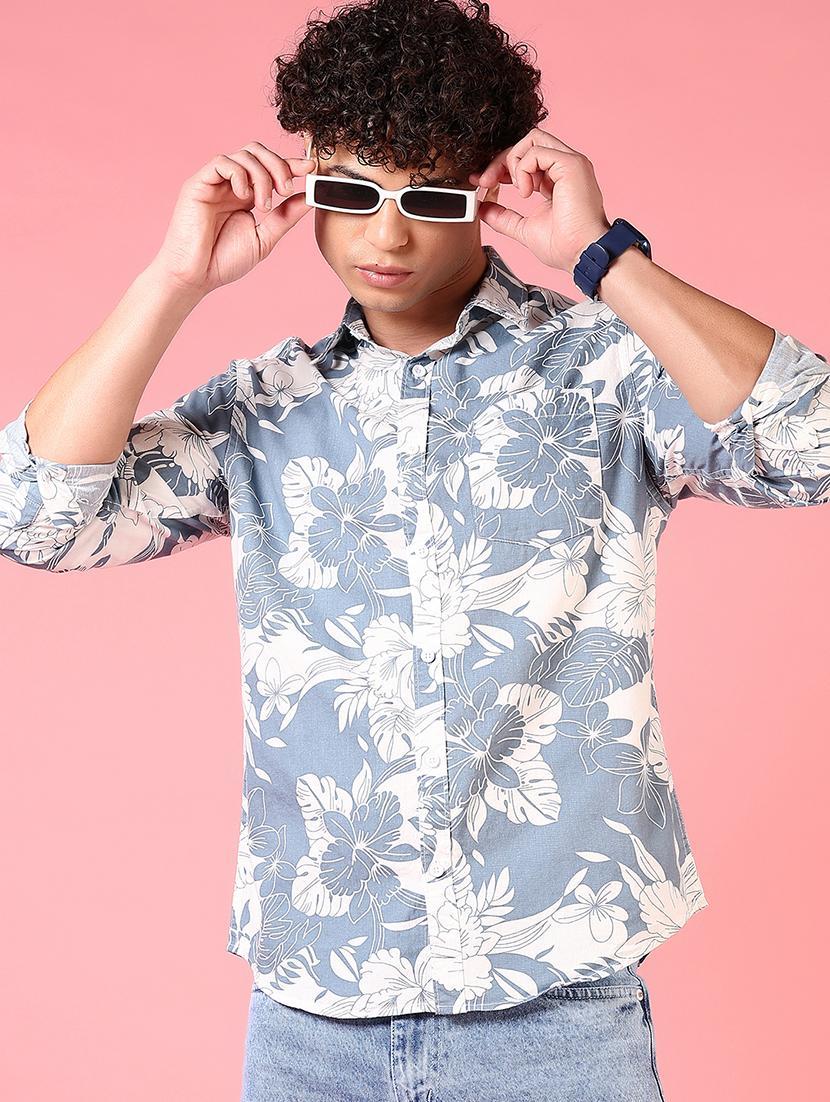 men printed collared long sleeves casual shirt