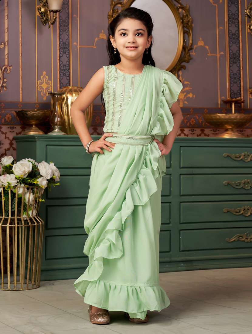 girls solid ready wear saree with embellished blouse