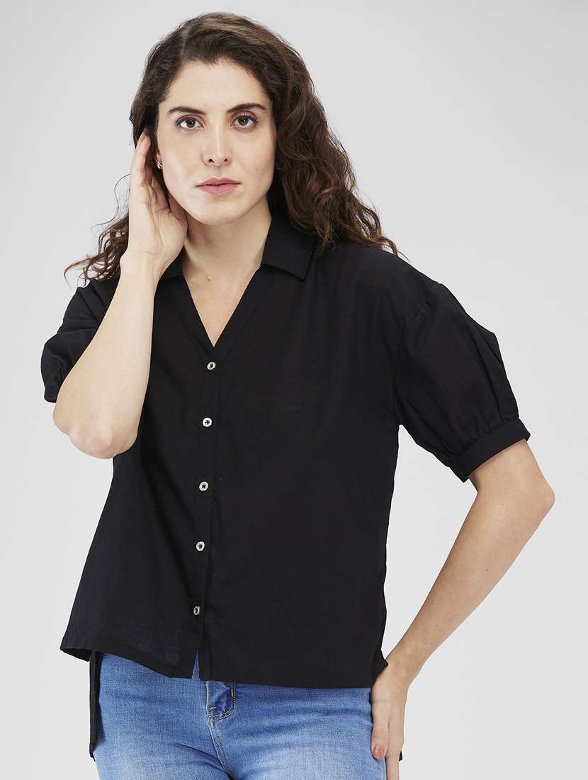 women puff sleeves collared high-low shirt