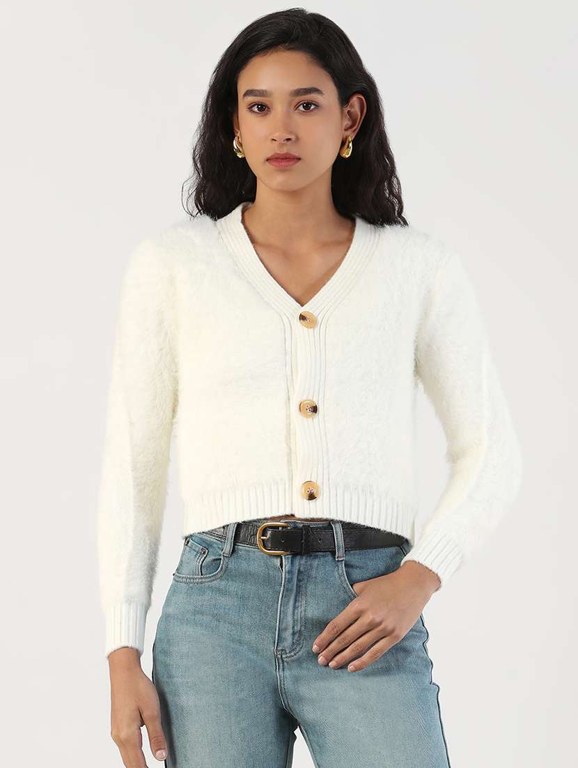 women off white solid long sleeve cardigan