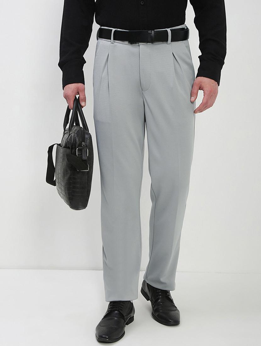 men grey solid ragular fit low rise formal trouser