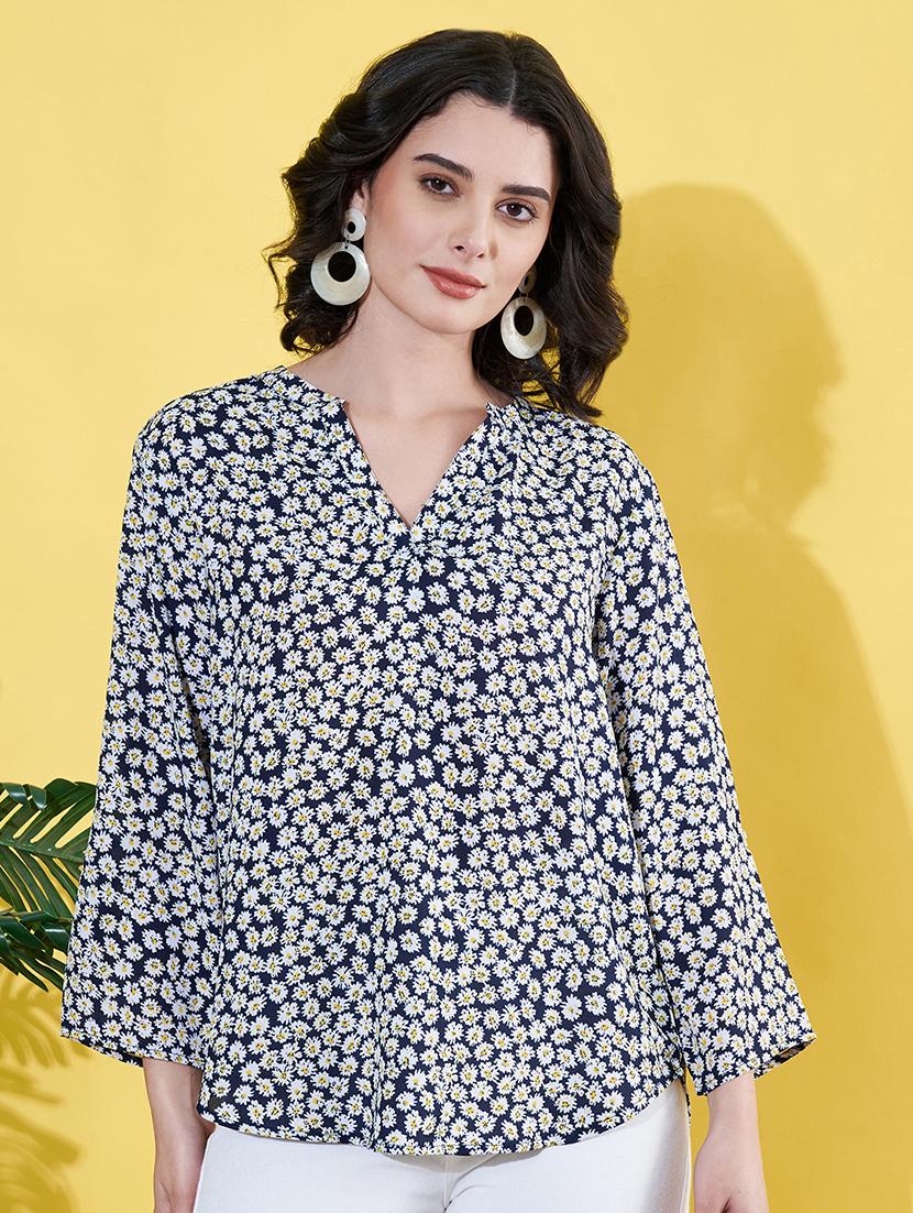 women floral print mandarin neck top