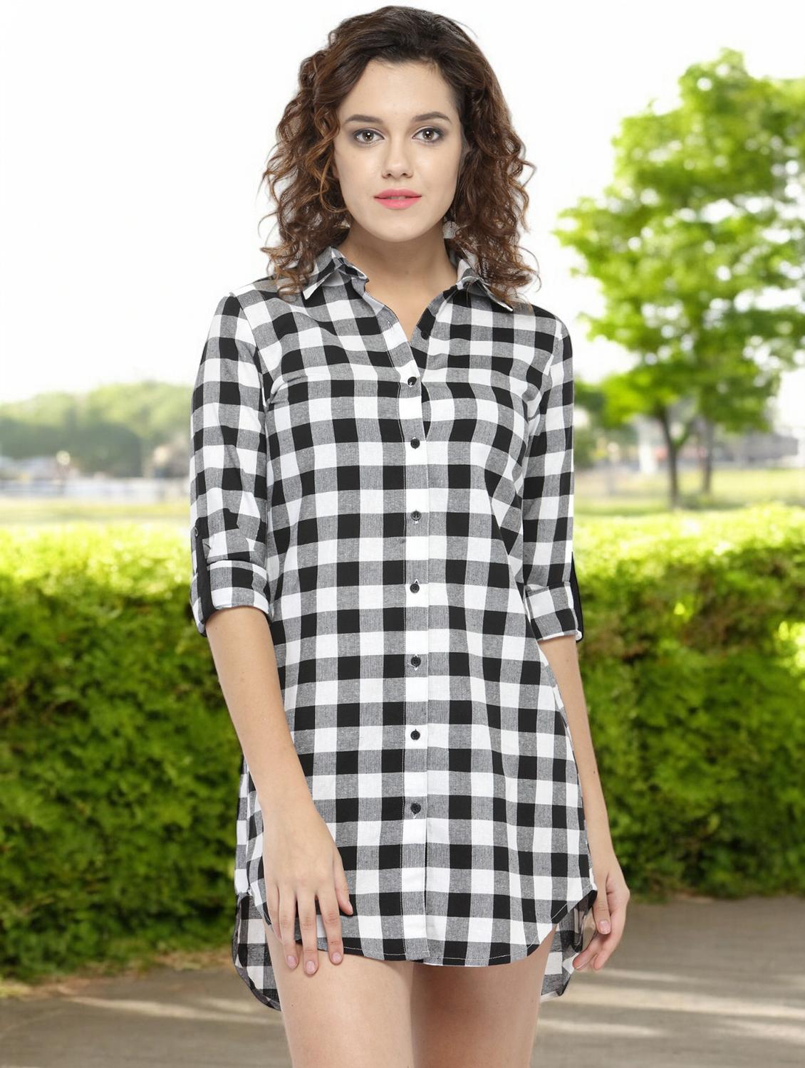 women checkered collared high low shirt dress