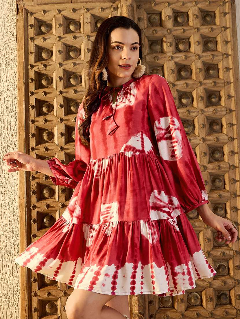 women tie & dye  puff sleeves tiered dress