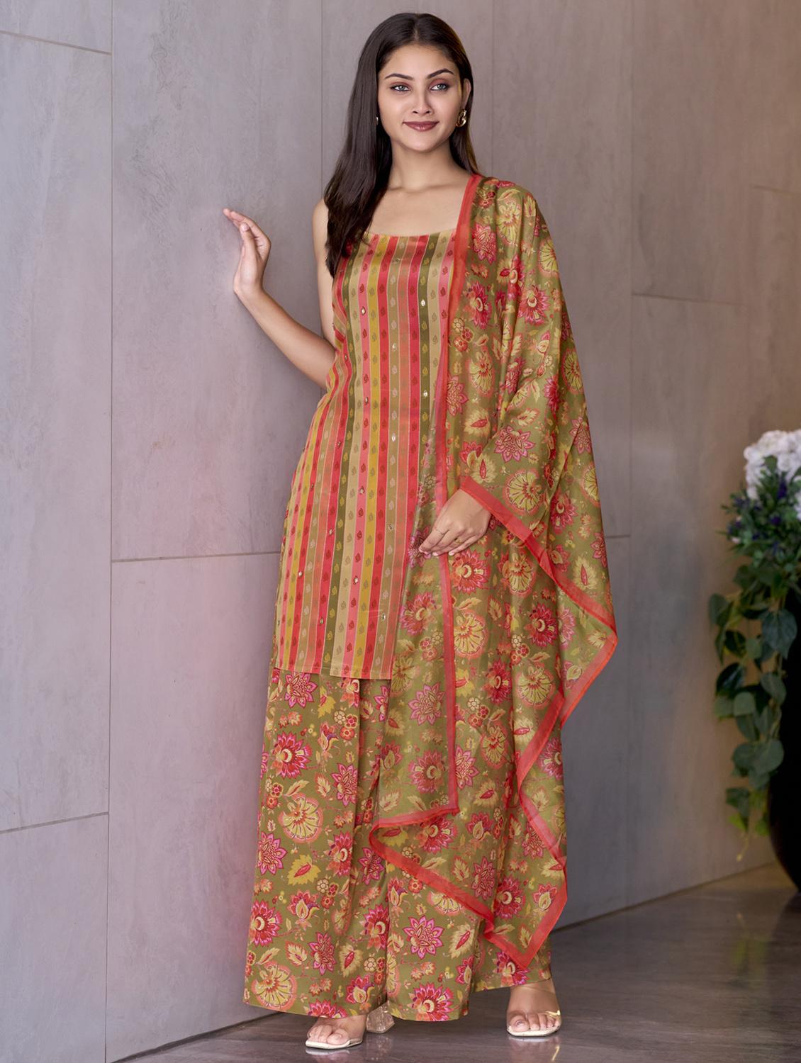 women striped sleeveless kurta palazzo with dupatta set