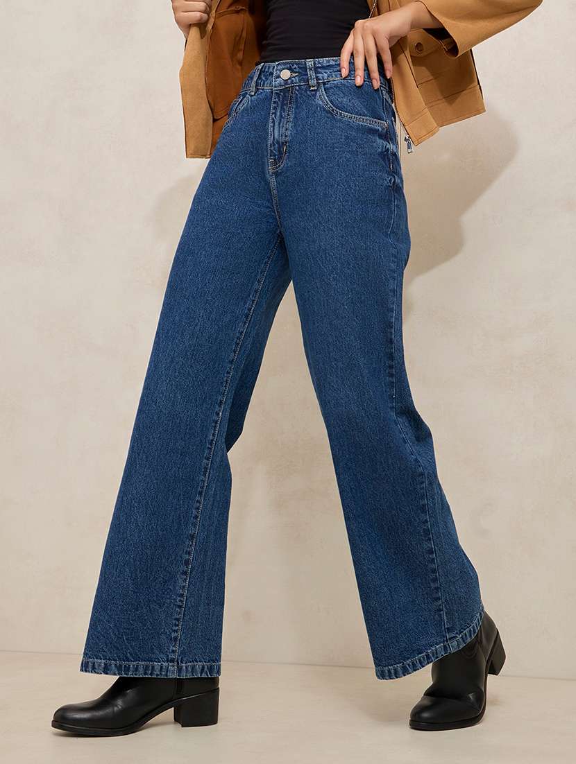 women solid high rise wide leg jean