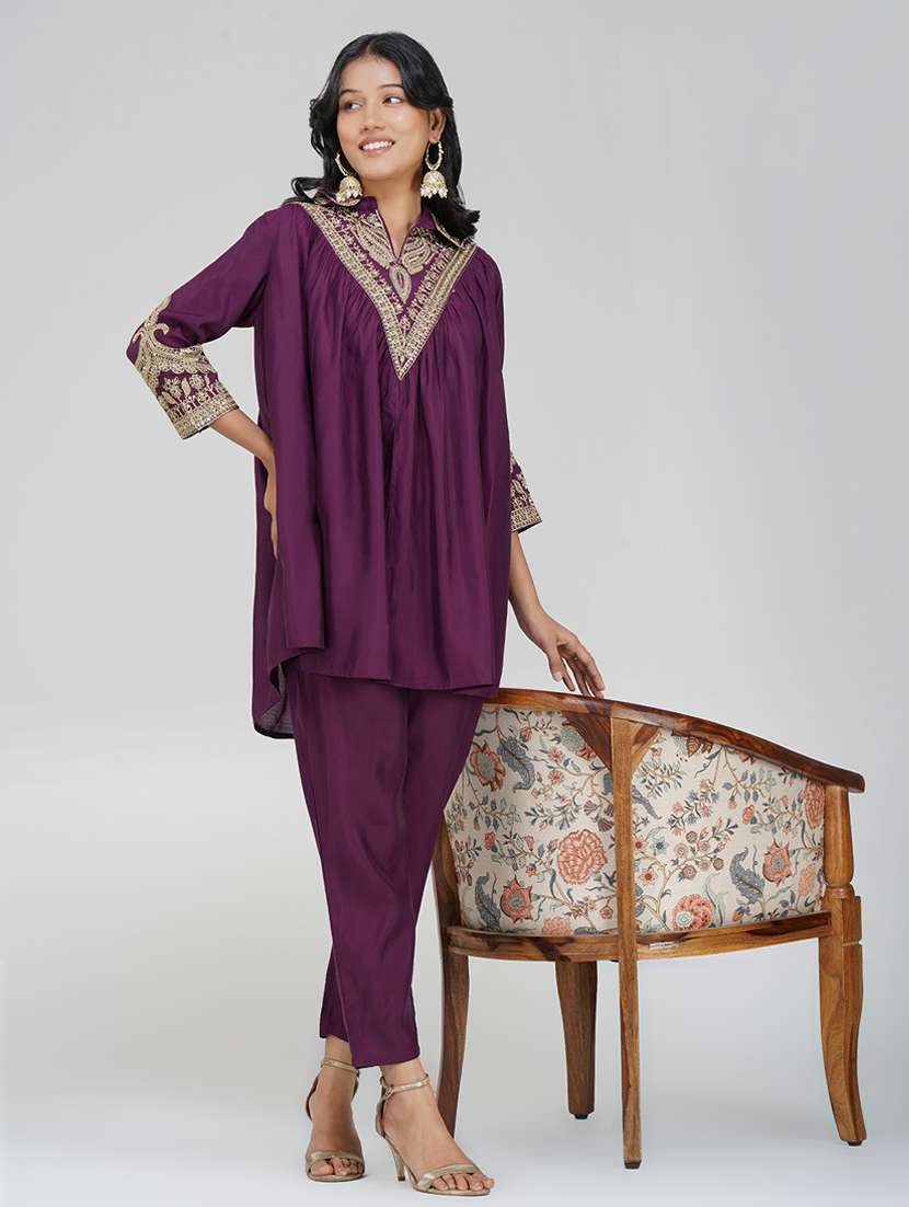 women purple embroidered three quarter sleeve ethnic co ord set