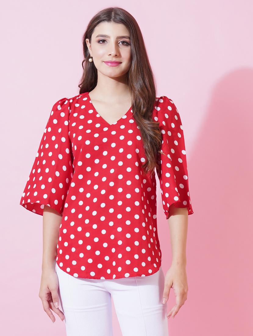 women polka doted puff sleeve regular top