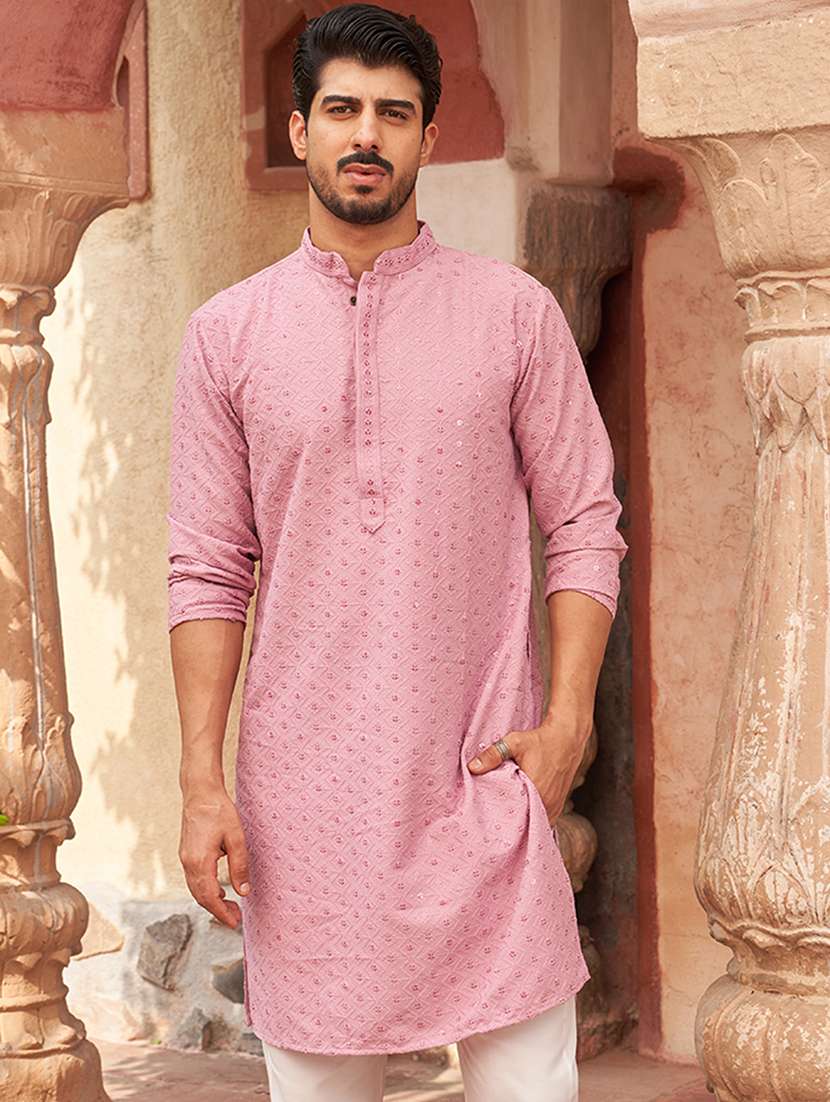 men embroidered mandarin neck long kurta