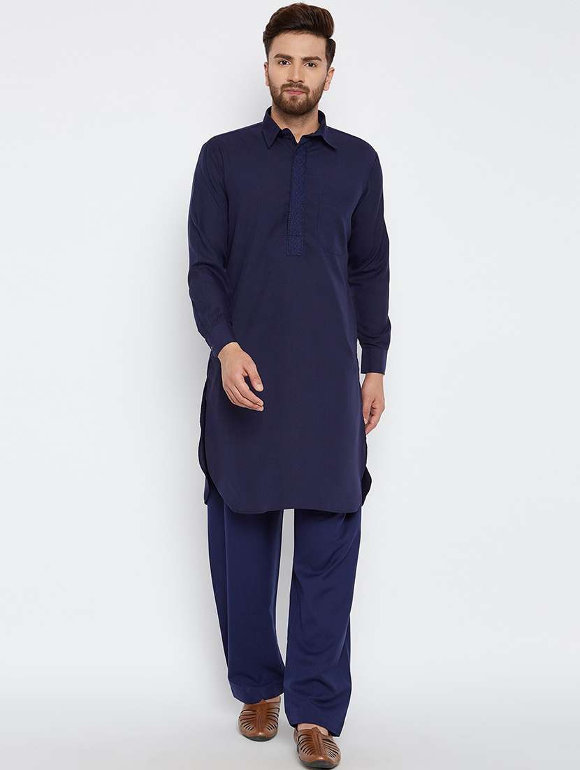 men navy blue solid long sleeve pathani set