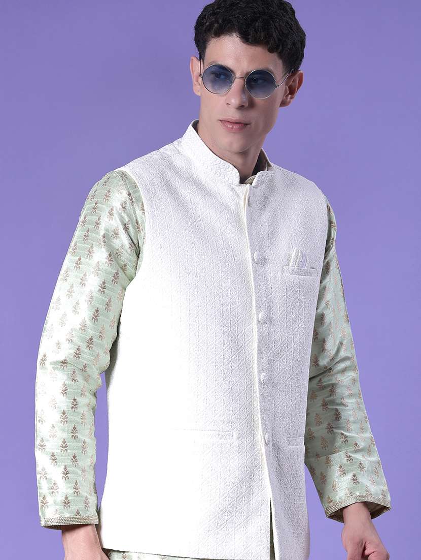 men solid with work mandarin neck regular fit nehru jacket