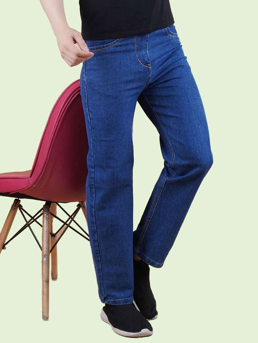 men blue plain mid rise straight fit jeans