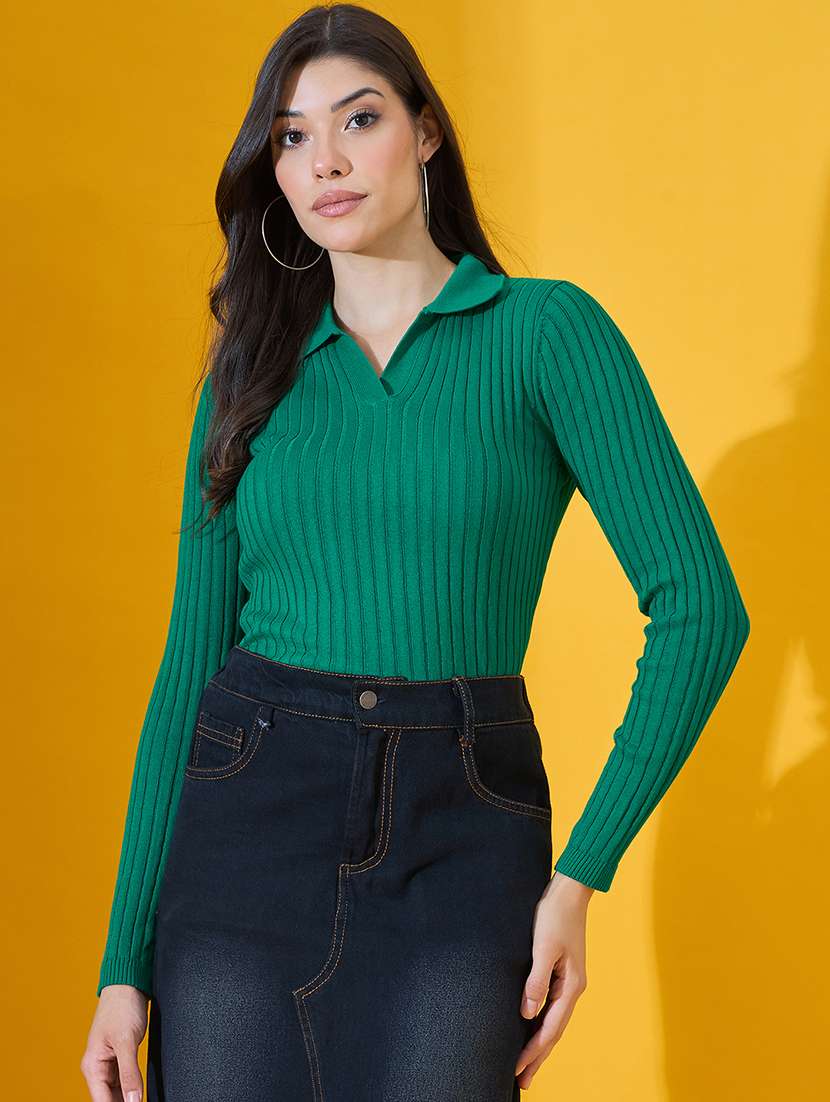 women solid long sleeve collared pullover