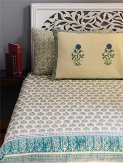 Block Printed Double Bed Cover in Shades of Green, Blue Slate Grey and Khaki - Cotton Curio