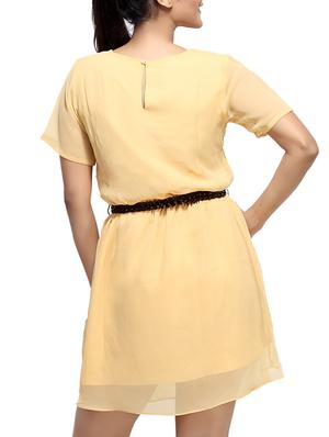 Beige Georgette Short Sleeves Belted Dress - 9548289 - Standard Image - 3