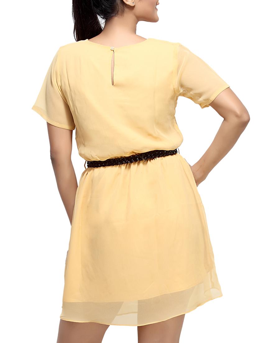 Beige Georgette Short Sleeves Belted Dress - 9548289 - Zoom Image - 3