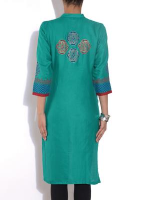 green Cotton Straight Kurta - 9553525 - Standard Image - 3