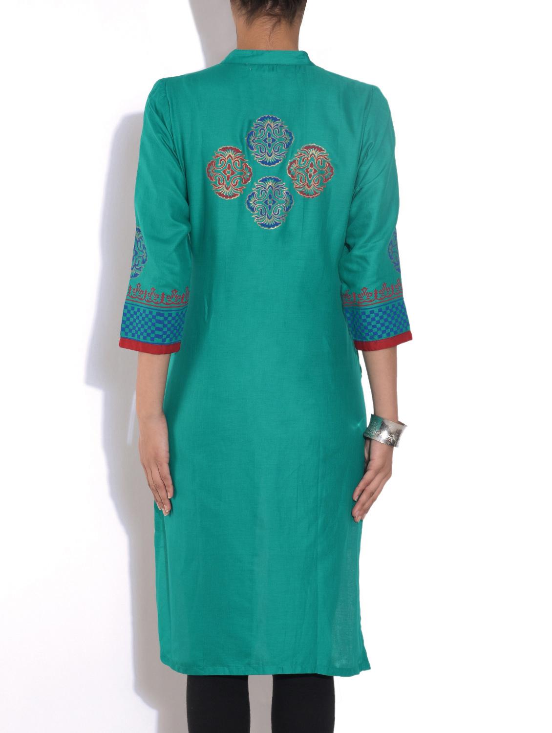 green Cotton Straight Kurta - 9553525 - Zoom Image - 3