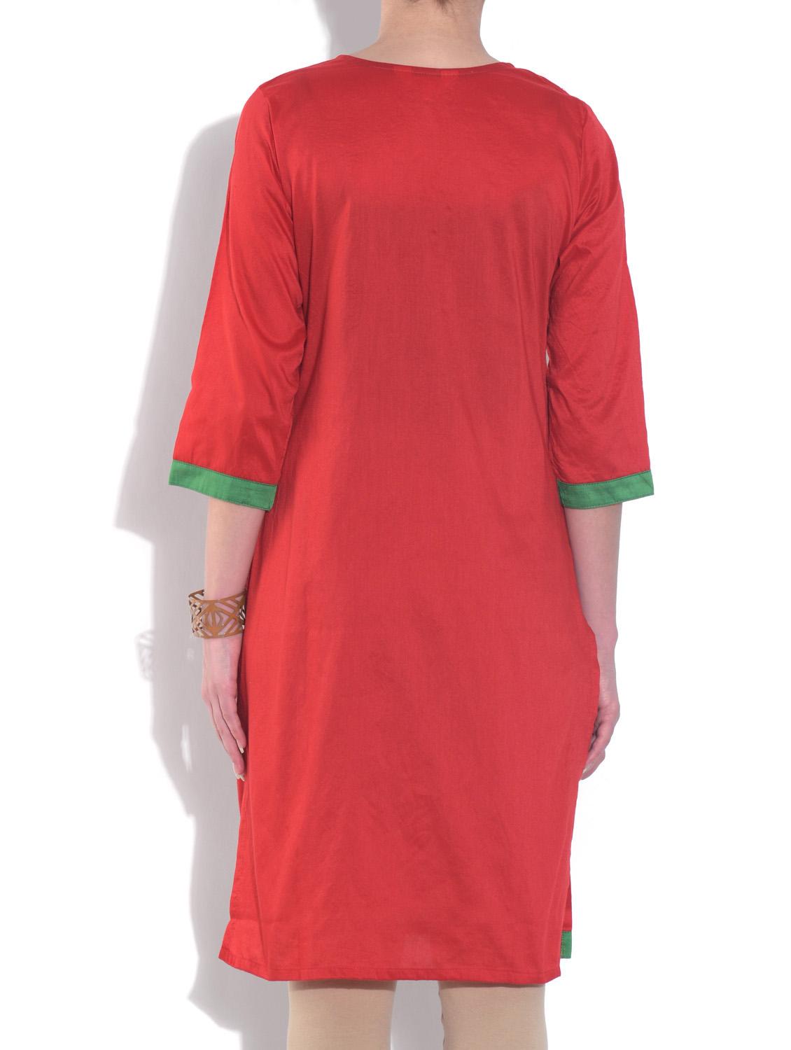 red Cotton Straight Kurta - 9560561 - Zoom Image - 3