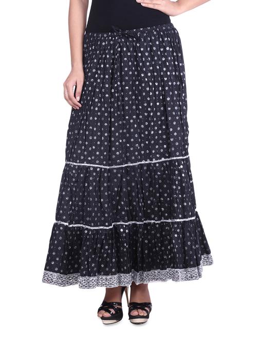 black cotton printed n sequined gathered skirt - 9617188 - Standard Image - 1