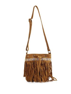 brown fringed beads embellished faux suede sling bag - 9633415 - Standard Image - 6