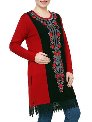 red & black acrylic woolen kurta - 9646059 - Standard Image - 3