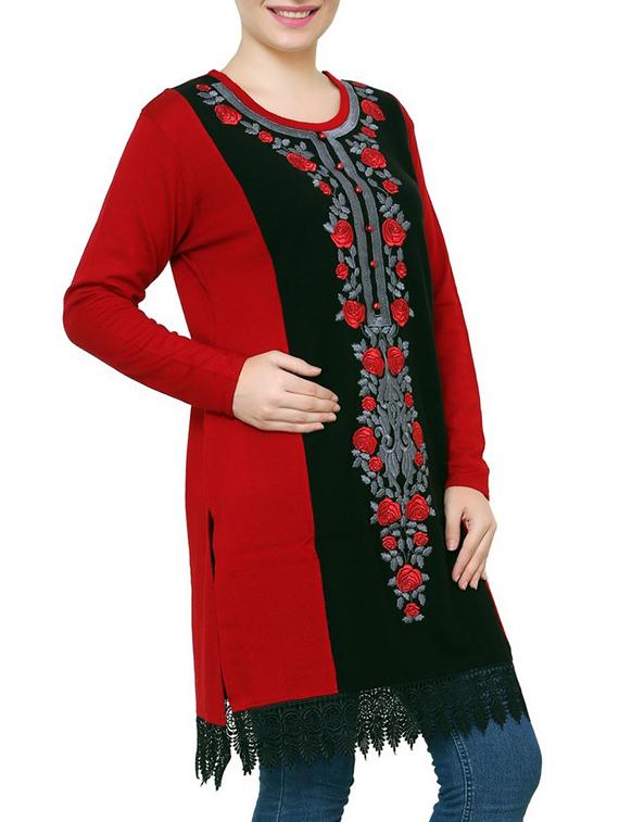 red & black acrylic woolen kurta - 9646059 - Zoom Image - 3
