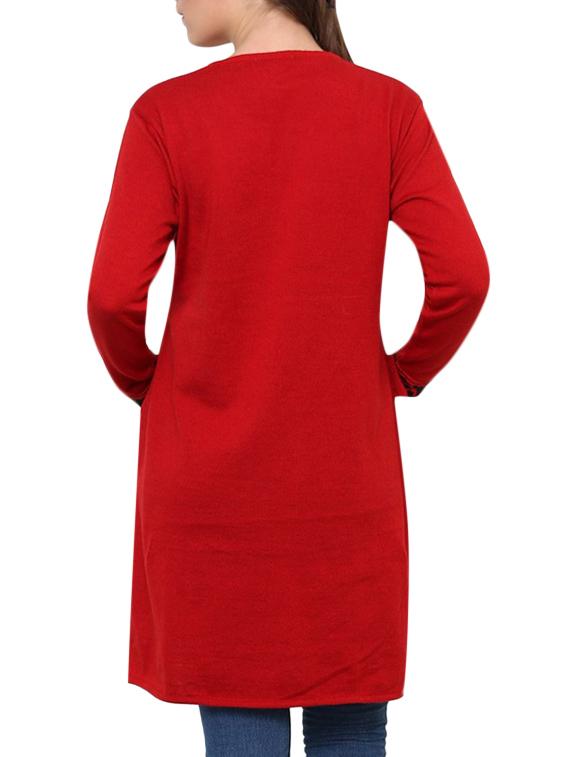 red floral embroidered acrylic woolen kurta - 9646070 - Zoom Image - 3