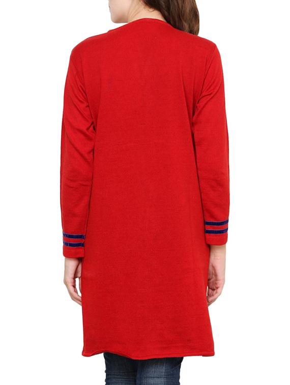 red embroidered full sleeved acrylic woolen kurta - 9646077 - Zoom Image - 3