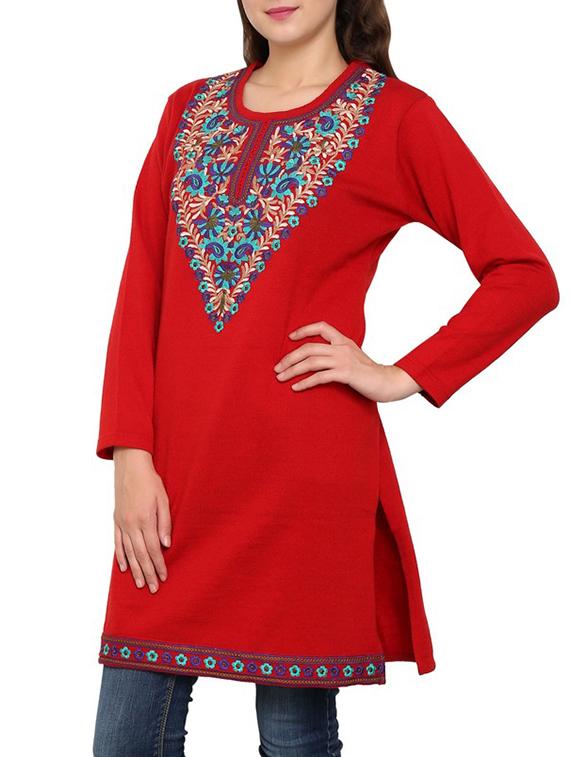 Red Acrylic Printed woolen kurta - 9646083 - Zoom Image - 3