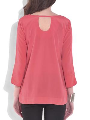 coral red round neck crepe top - 9653202 - Standard Image - 3