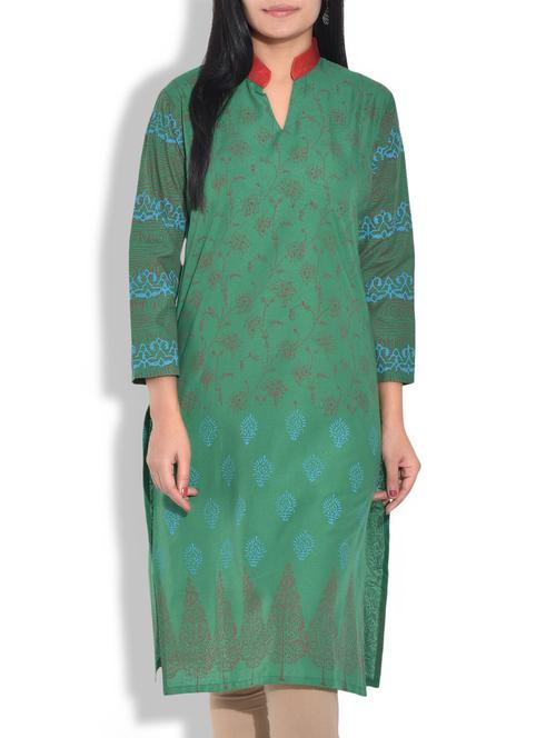 dark green printed cotton kurta - 9655006 - Very Small Image - 1