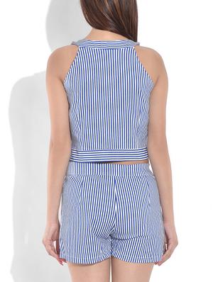 blue and white striped cotton lycra crop top and shorts - 9655376 - Standard Image - 3