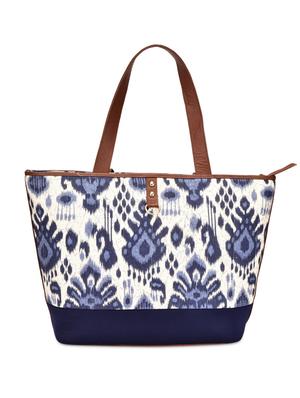 navy blue and off white printed jute and satin tote - 9659404 - Standard Image - 6